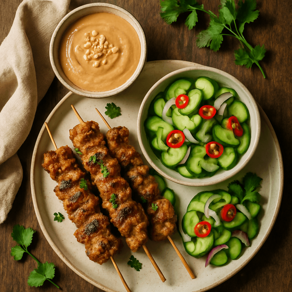 Thailandske svinekøds-satay med jordnøddedip og friske agurkesalat