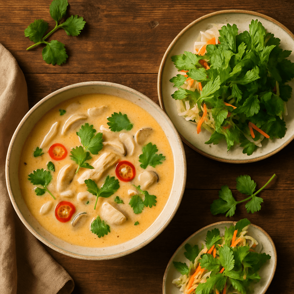 Tom Kha Gai — Thai Kokossuppe med Kylling og Frisk Rispapirsalat