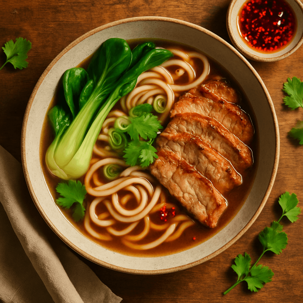Udon nudelsuppe med svinekød og miso