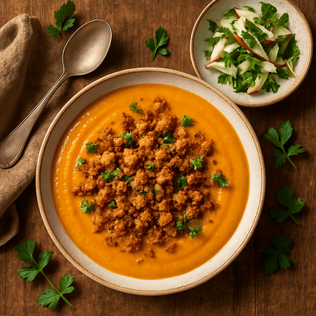 Vegetarisk græskarsuppe med sprøde brødkrummer og æble-mynte salat