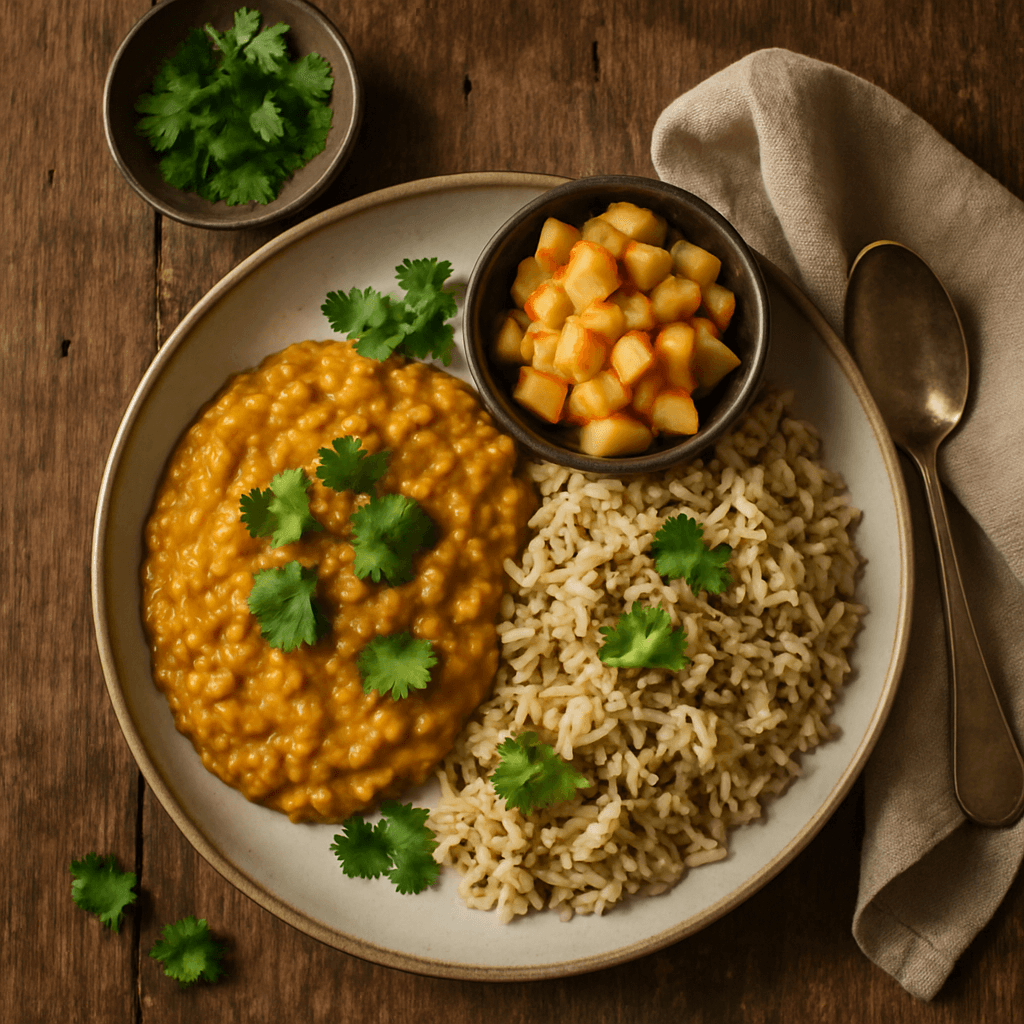 Vegetarisk indisk dahl med krydret ris og æble-chutney