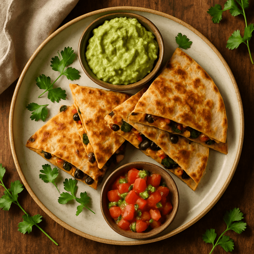 Vegetarisk mexicansk quesadilla med guacamole og salsa
