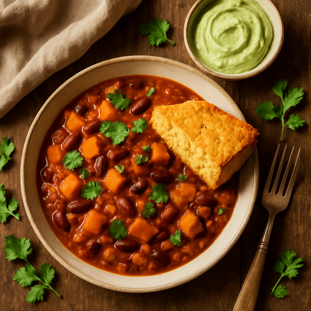 Vegetarisk pumpkin chili med majsbrød og avocado-creme