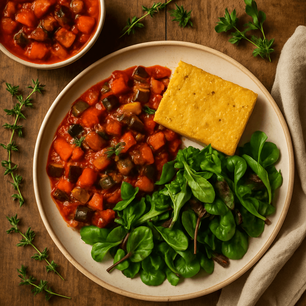Vegetarisk ratatouille med bagt polenta og frisk salat