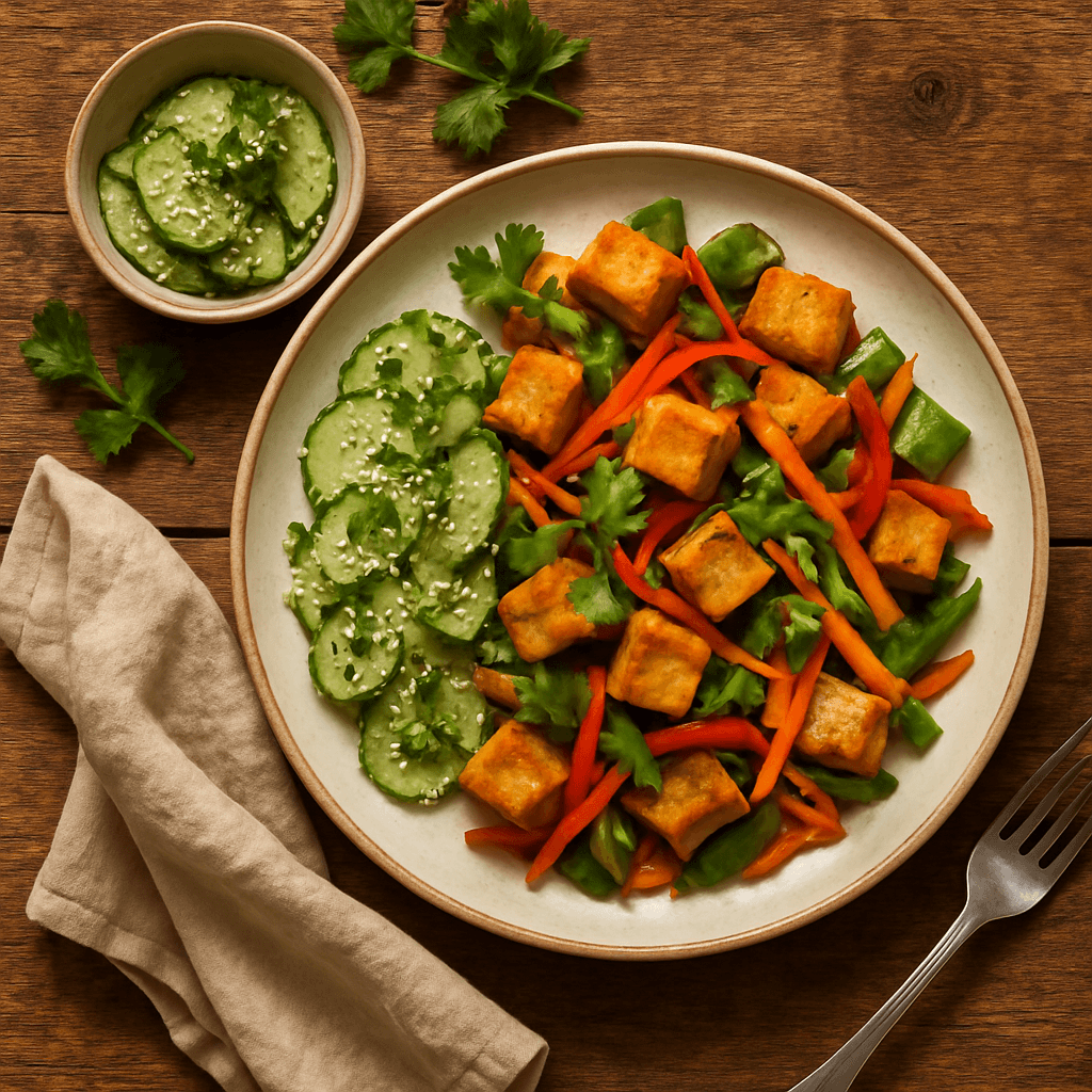 Vegetarisk stir-fry med tofu og sesamsalat