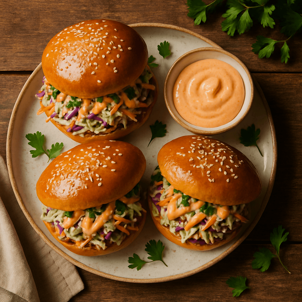 Vegetariske amerikanske burgerboller med hjemmelavet coleslaw og krydret sweet chili mayo