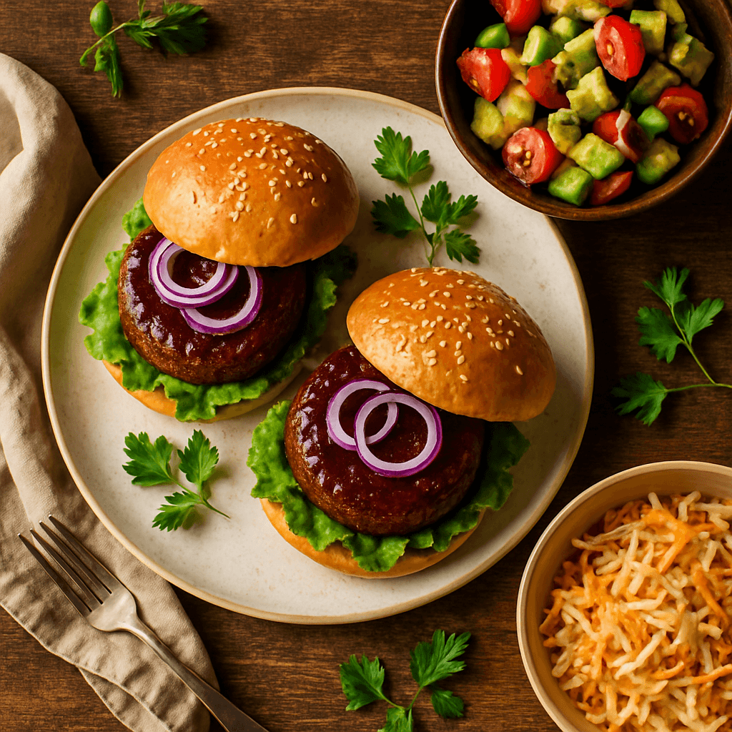 Vegetariske BBQ-burgere med avocadosalat og coleslaw