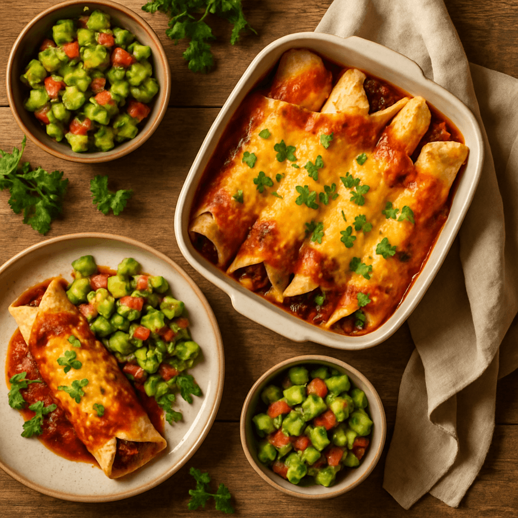 Vegetariske enchiladas med bønner og avocado salsa