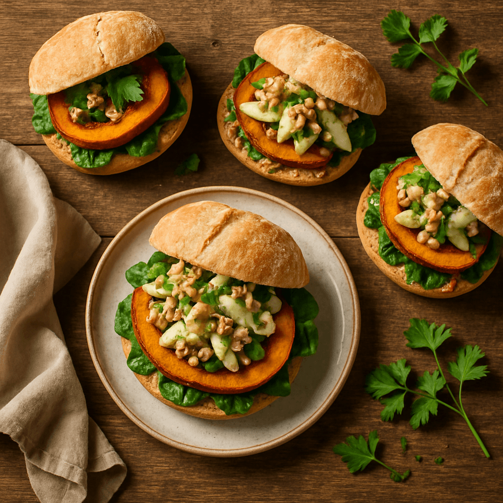 Vegetariske græskarsandwicher med æble- og valnøddefyld