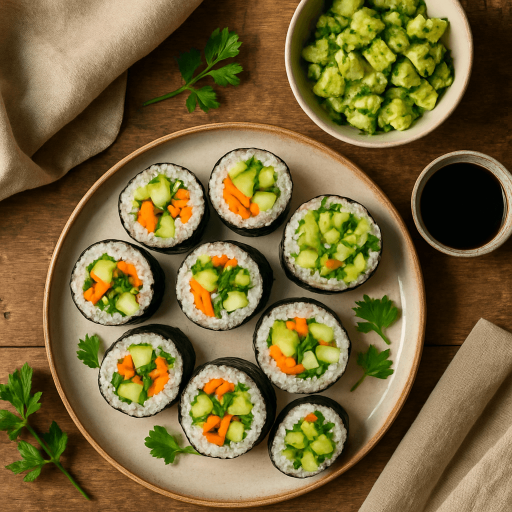 Vegetariske sushi-ruller med avocadosalat og sojasauce